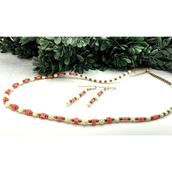 Handmade Beaded Necklace and Earring Set - Coral Cream and Gold Tones - Picture 4 of 6